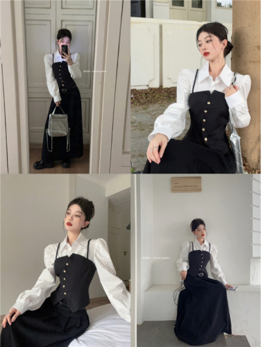 Real shot of Korean style lapel straps spliced ​​fake two-piece puff sleeve waist slimming shirt top small coat for women