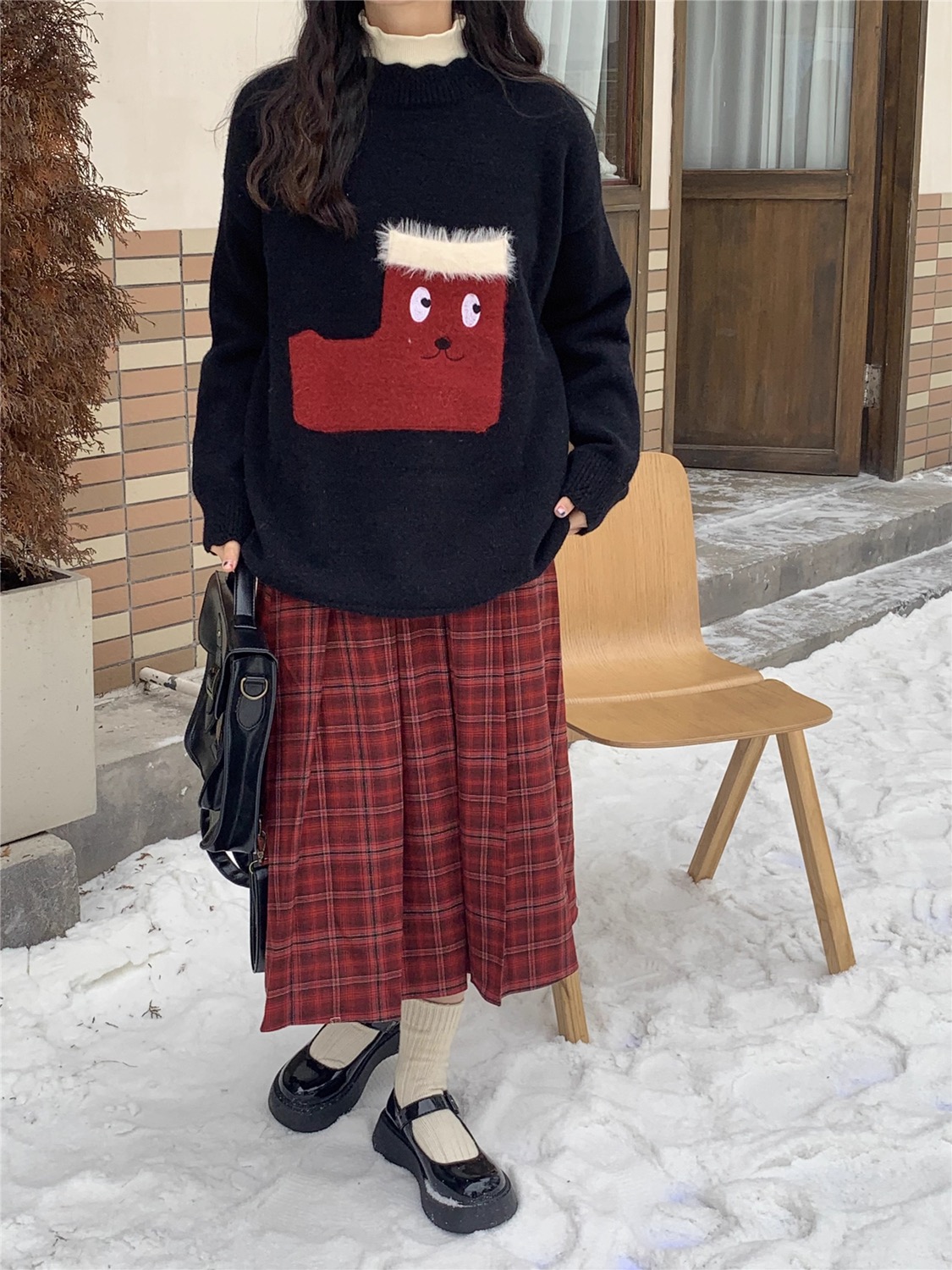紅襪子慵懶風針織衫落肩甜美黑色毛衣女套頭上衣可愛外套