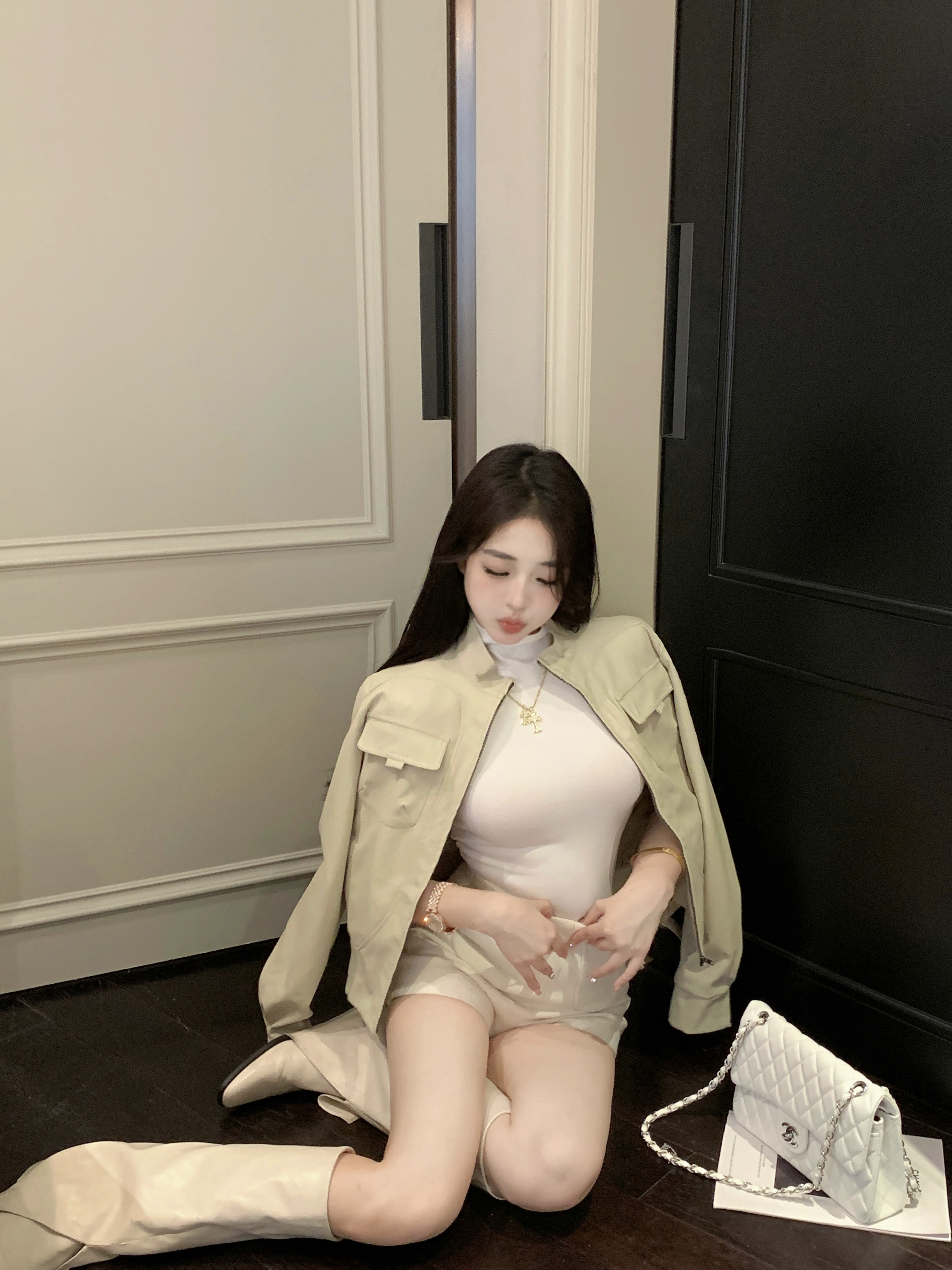 實拍立領機車服夾克拉鏈長袖皮衣外套半高領修身顯瘦背心套裝