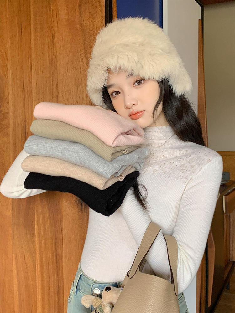 Miss Chipmunk semi-transparent soft knitted top women's autumn and winter new slim fit right shoulder half turtleneck bottoming shirt