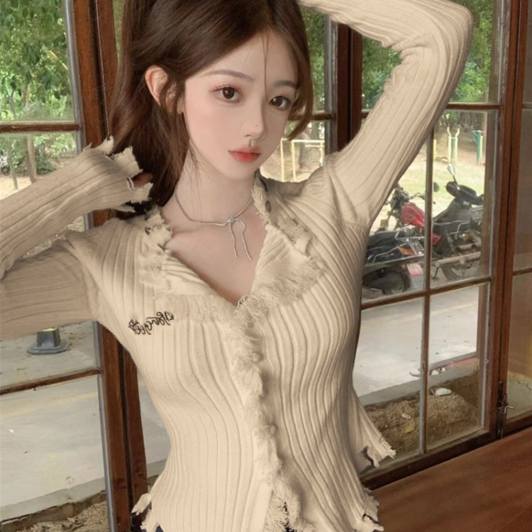 Maillard v-neck sweater tops for women in autumn and winter irregular tassels slimming long-sleeved pure lust hottie sweater