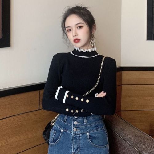 Retro fungus-edged half-high collar bottoming shirt with long-sleeved knitted sweater for women 2023 new slim top with core yarn