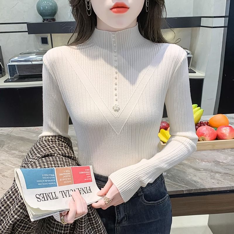 Beaded bottoming shirt 2023 autumn and winter new style foreign style inner wear female celebrity tops long-sleeved knitted sweater sweater bract yarn