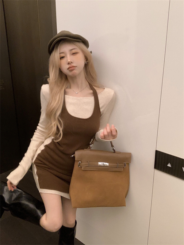 Real shot French long-sleeved dress A-line waisted mid-length fake two-piece dress