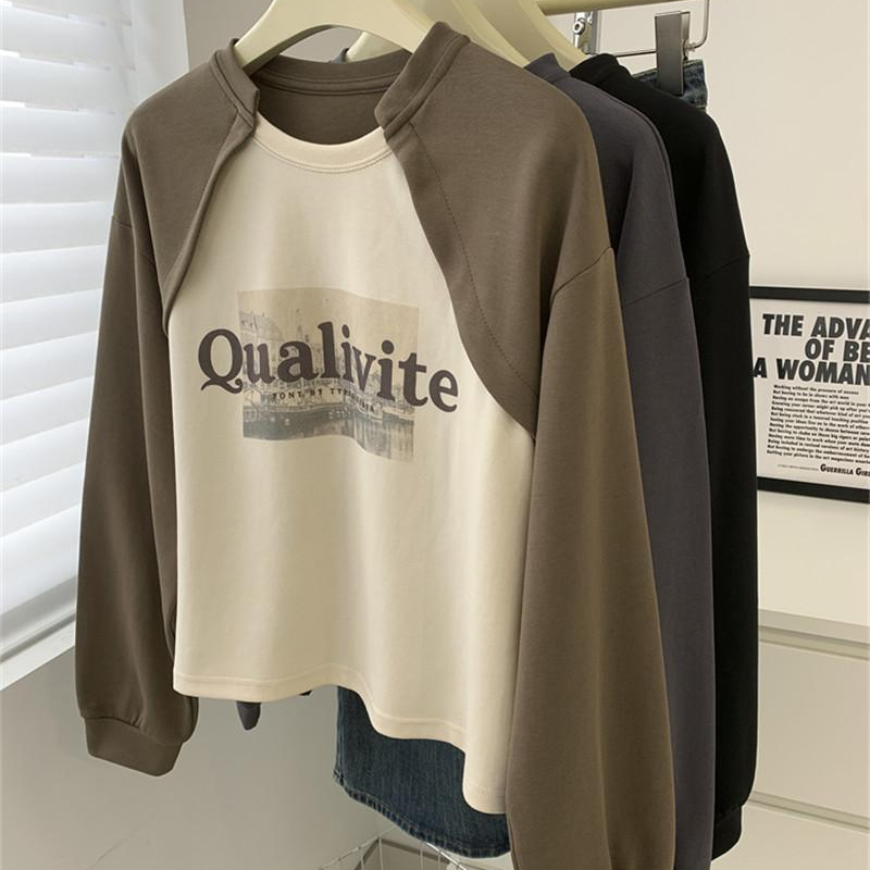 70 cotton retro raglan sleeve printed round neck sweatshirt for women spring and autumn design color block long sleeves