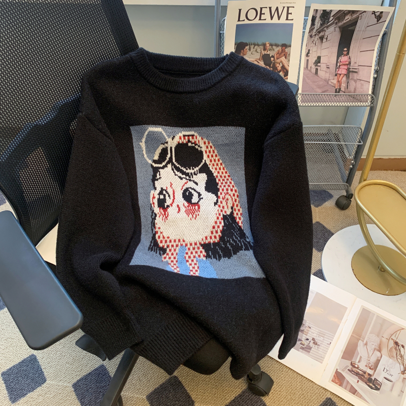 Cartoon Jacquard Sweater Women's 2023 Autumn and Winter New Korean Style Loose Lazy Style Fashion Pullover Long Sleeve Knitted Top