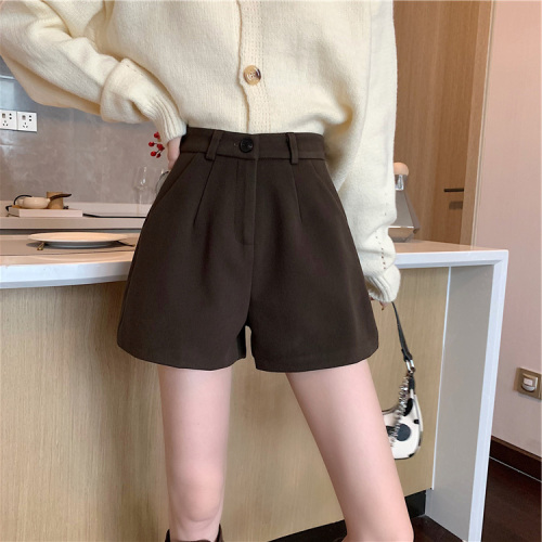 Brown woolen shorts for women in autumn and winter new outer boot pants slimming high waist wide leg casual a-line pants