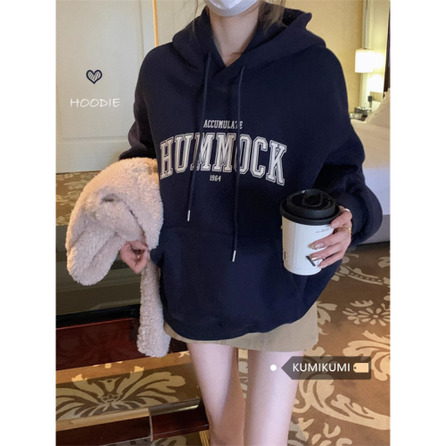 Official picture American letter printing plus velvet thickened hooded sweatshirt for women autumn and winter  new loose top