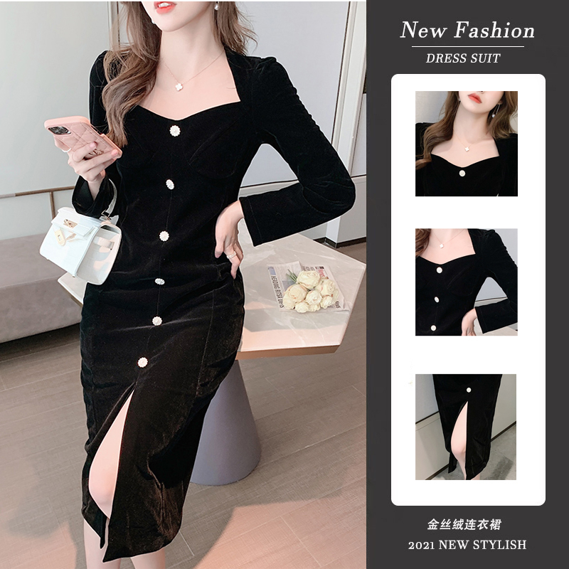 Hepburn style evening dress light luxury niche high-end party French sexy black gold velvet dress women spring and summer