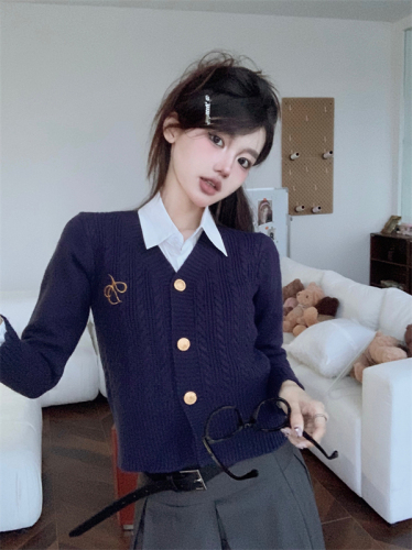 Real shot of long-sleeved knitted sweater cardigan Korean style design V-neck slim fit embroidered sweater jacket