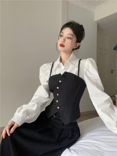 Real shot of Korean style lapel straps spliced ​​fake two-piece puff sleeve waist slimming shirt top small coat for women