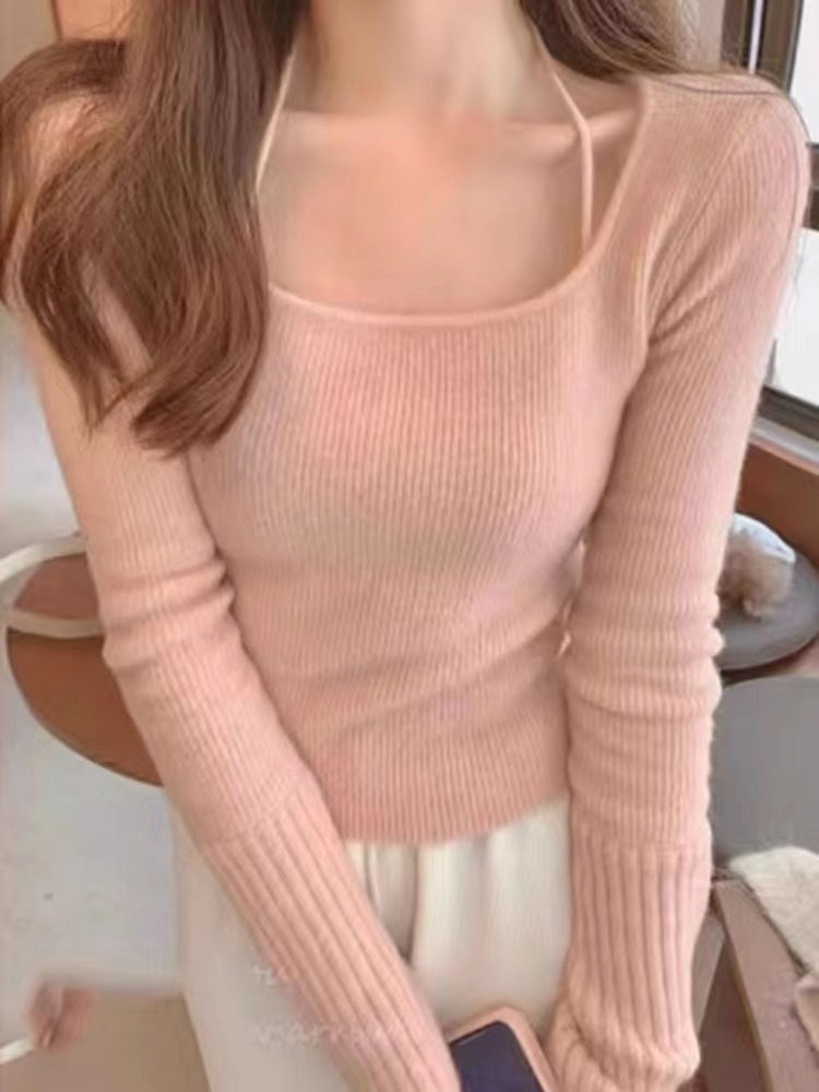 Pink halterneck knitted bottoming shirt for women in autumn and winter, long-sleeved top, gentle style, slimming, short sweater