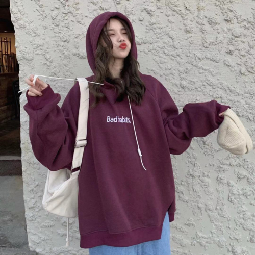 Real shot!  Korean style simple embroidered letters hooded slit velvet sweatshirt for women autumn and winter loose and versatile jacket