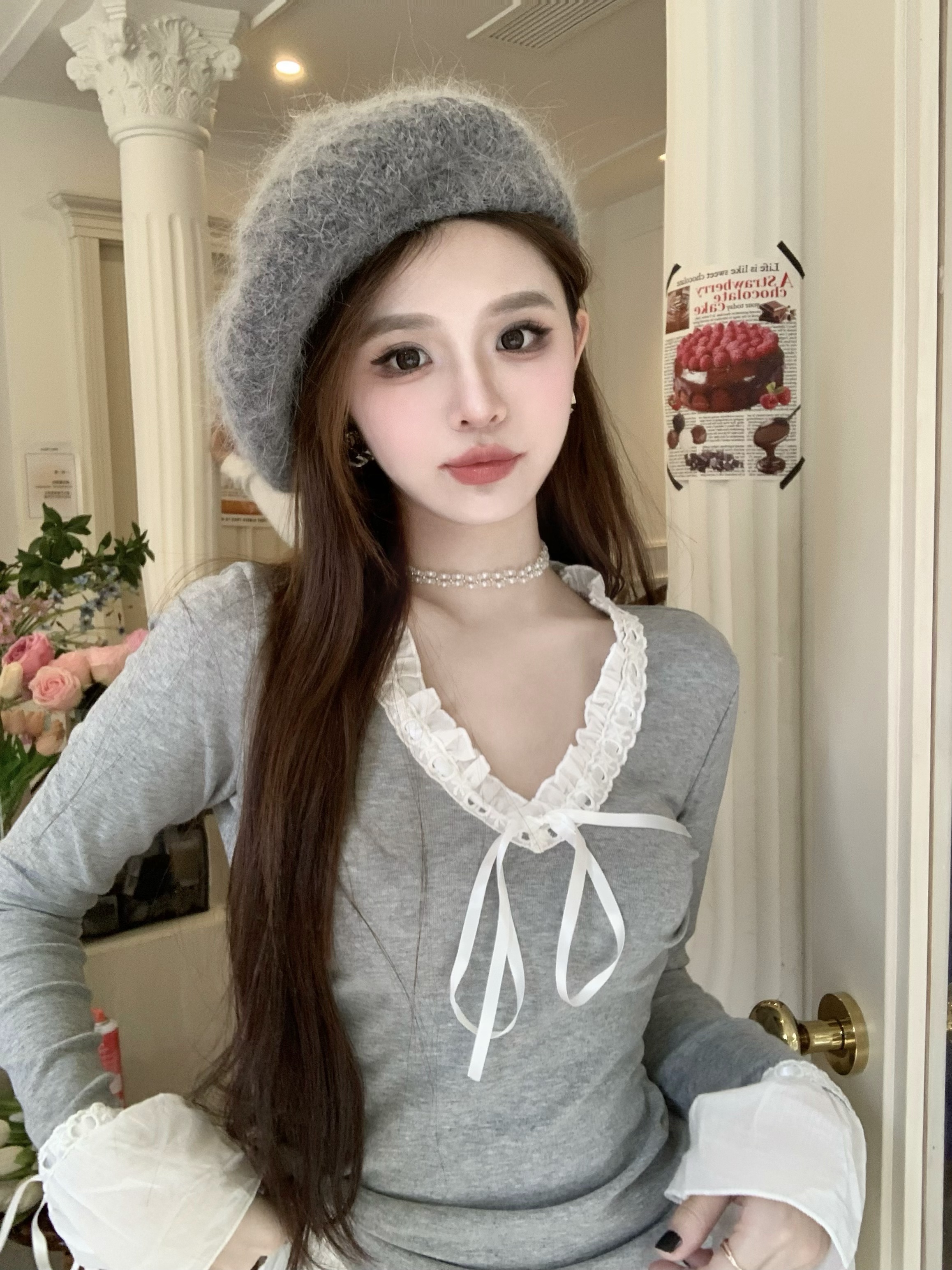 Real shot Japanese sweet lace stitching bow V-neck long-sleeved versatile slimming T-shirt