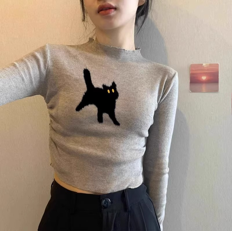 Core-spun yarn oatmeal half turtleneck knitted bottoming shirt for women autumn and winter new short top pure desire with long-sleeved T-shirt