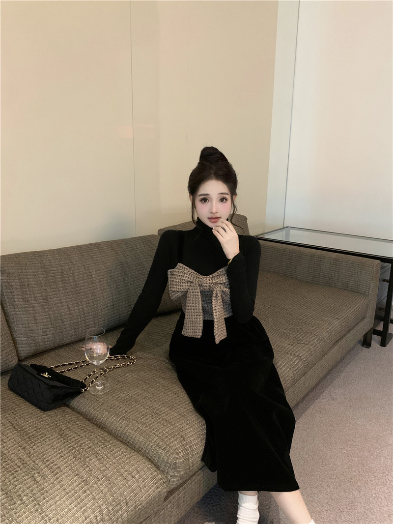 Actual shot~ Houndstooth bow velvet suspender dress for women French little black skirt with high collar sweater