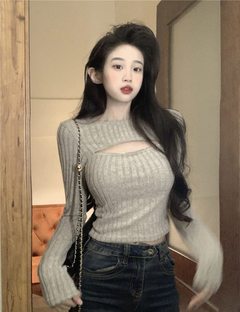 Real shot ~ Zipper design knitted sweater for women in autumn and winter, sexy and chic slim-fitting short long-sleeved bottoming top