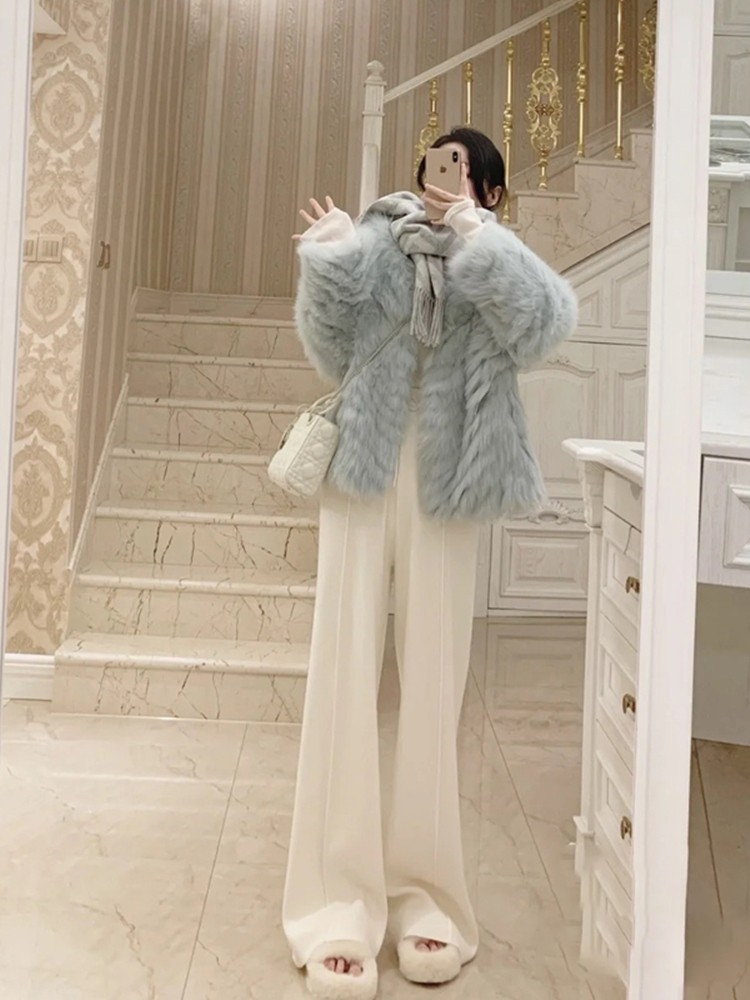 Super fairy white knitted wide-leg pants for women in autumn and winter, casual slim straight-leg drape, loose and lazy floor-length pants