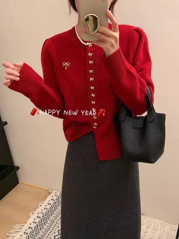 Front-open red wool short knitted cardigan for women autumn and winter new year small fragrance style big red sweater jacket thickened