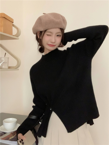 Real shot autumn and winter ~ 2023 Korean style half turtleneck knitted bottoming shirt for women with long sleeves and slits