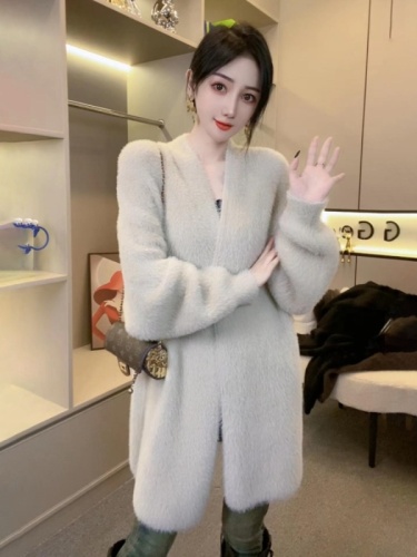 Solid color mink velvet sweater jacket for women in autumn and winter new thickened loose lazy style mid-length wool knitted cardigan