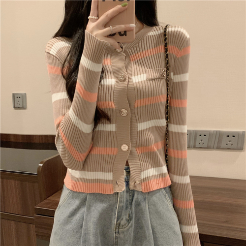 Real shot of retro gentle striped round neck knitted cardigan women's jacket top