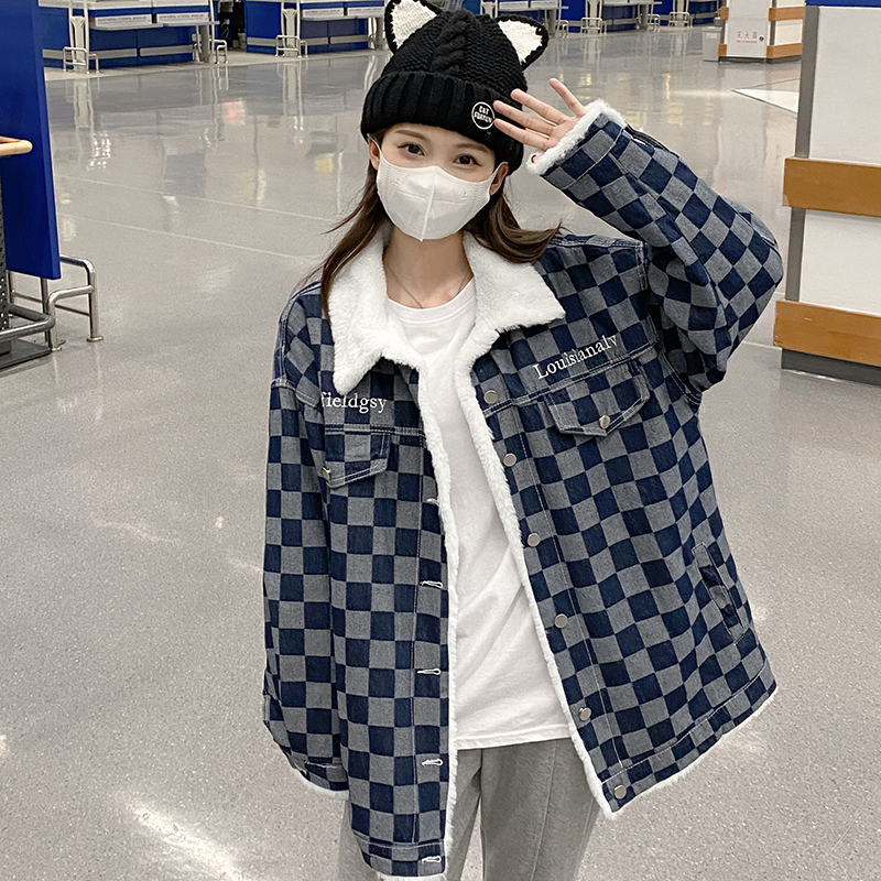 實拍~棋盤格牛仔棉衣外套女冬季新款復古寬鬆加絨加厚棉服潮