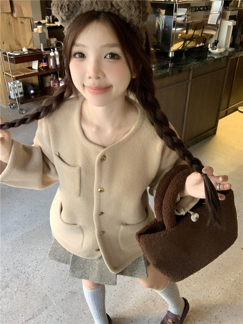 Actual shot of double-sided woolen single-breasted Korean style knitted cardigan French light luxury style jacket
