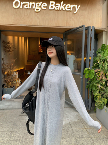 Actual shot of new autumn and winter style ~ round neck twist sweater dress for women Korean style loose long slit knitted dress