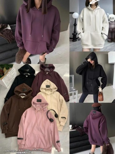 2023 new autumn and winter European products, versatile, loose, slim, mid-length, drawstring hooded and velvet sweatshirt for women