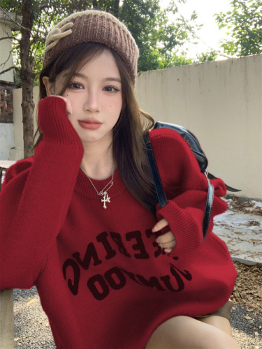 Real shot retro thickened letters long-sleeved soft waxy sweater for women lazy style loose sweater pullover top fashion