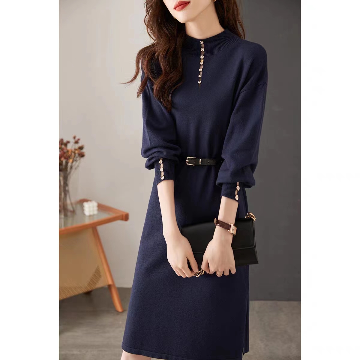 Japanese elegant Hepburn half-high collar hollow retro sweater dress for women in autumn and winter mid-length lazy style knitted dress