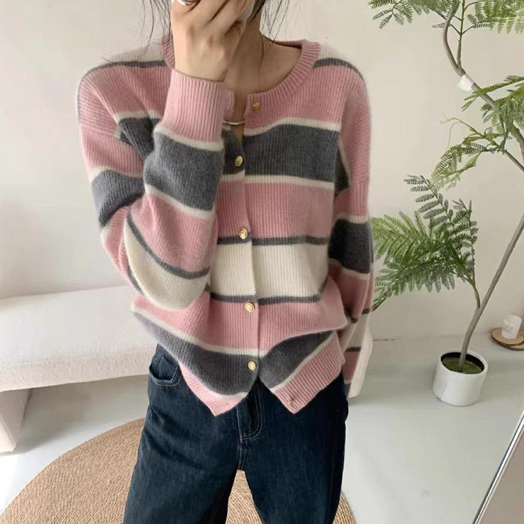 Autumn new style small fragrance contrast stripe Korean style 2023 thin knitted soft cardigan Korean style jacket