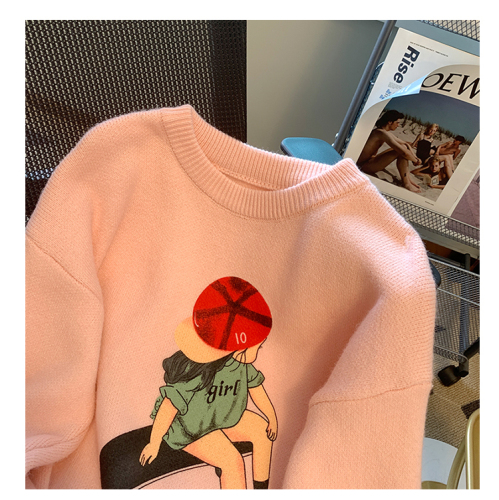 Autumn and winter fashion new versatile large version sweet printed skateboard girl round neck long sleeve thickened knitted sweater for women