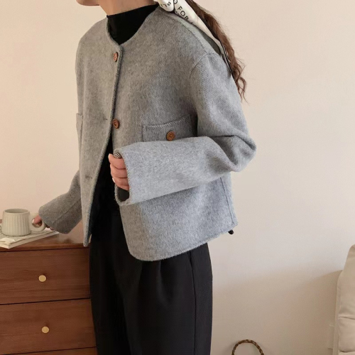 Autumn new long-haired short double-sided wool coat for women with small design and small fragrance style woolen coat trendy