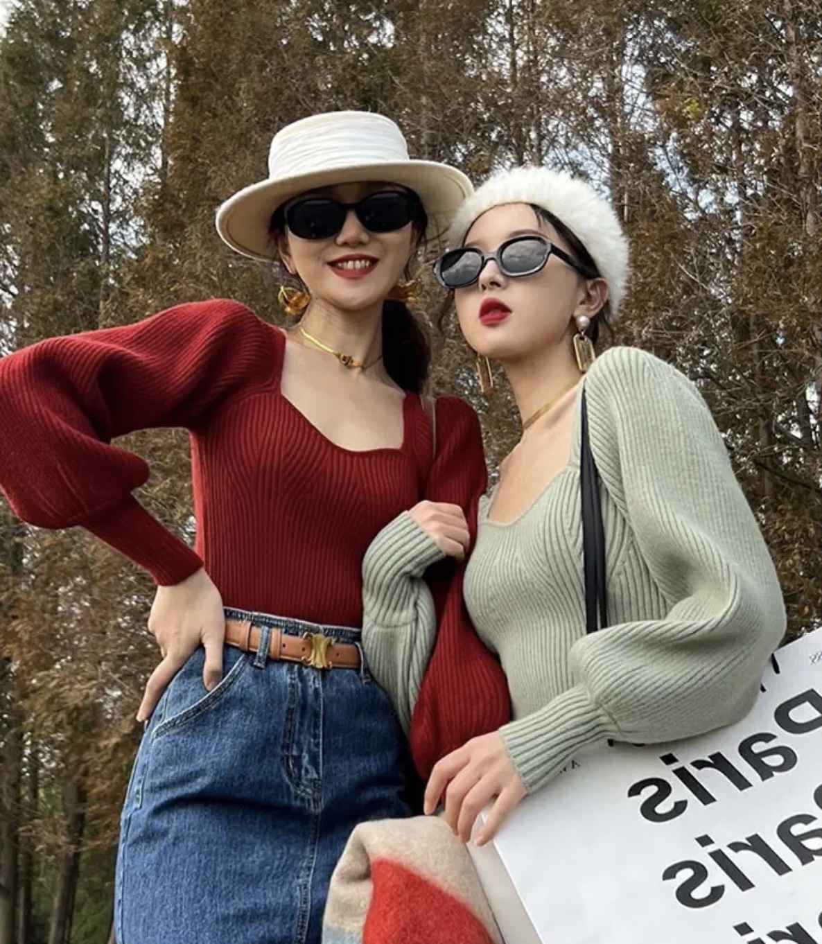 Autumn and winter French retro red square neck sweater for women spring and autumn bottoming sweater short long sleeve puff sleeve top
