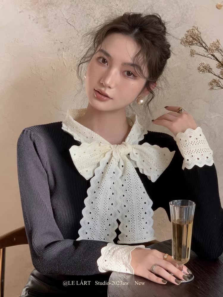 LELART 秋冬時髦法式針織衫顯瘦高級感甜美蕾絲花邊蝴蝶結毛衣女