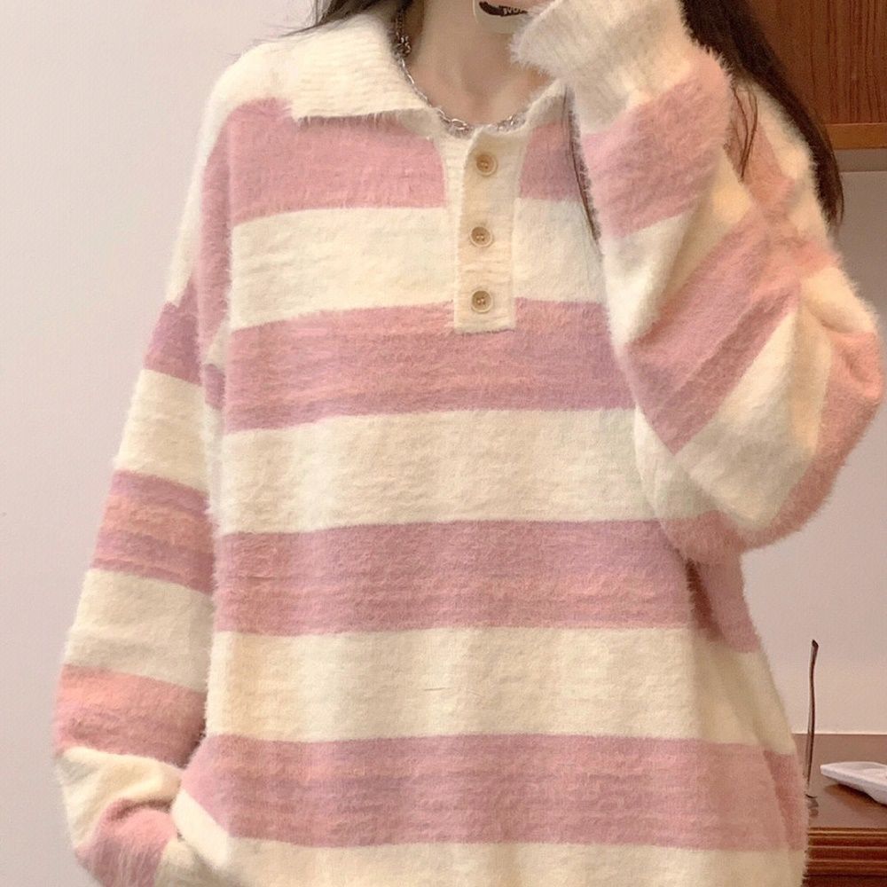 粉色條紋Polo領針織毛衣女秋冬新款甜美溫柔風百搭休閒軟糯上衣潮