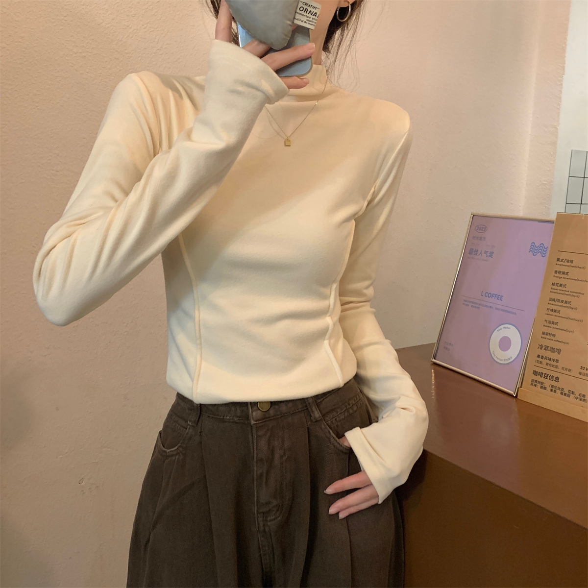 Real shot of autumn and winter Korean style slim half turtleneck solid color fishbone velvet slim inner T-shirt long-sleeved top for women