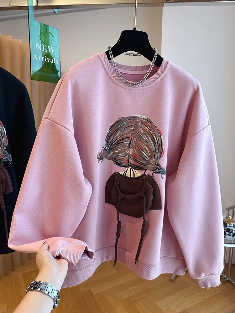 European three-dimensional hood girl printed thickened velvet sweatshirt for women autumn and winter loose pullover round neck children's style top