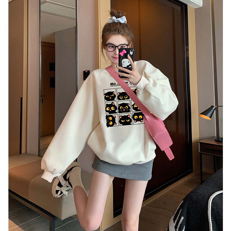 Autumn and winter plus velvet fun round-neck sweatshirt for women 2023 new style foreign style age-reducing high-end sense super good-looking trendy tops