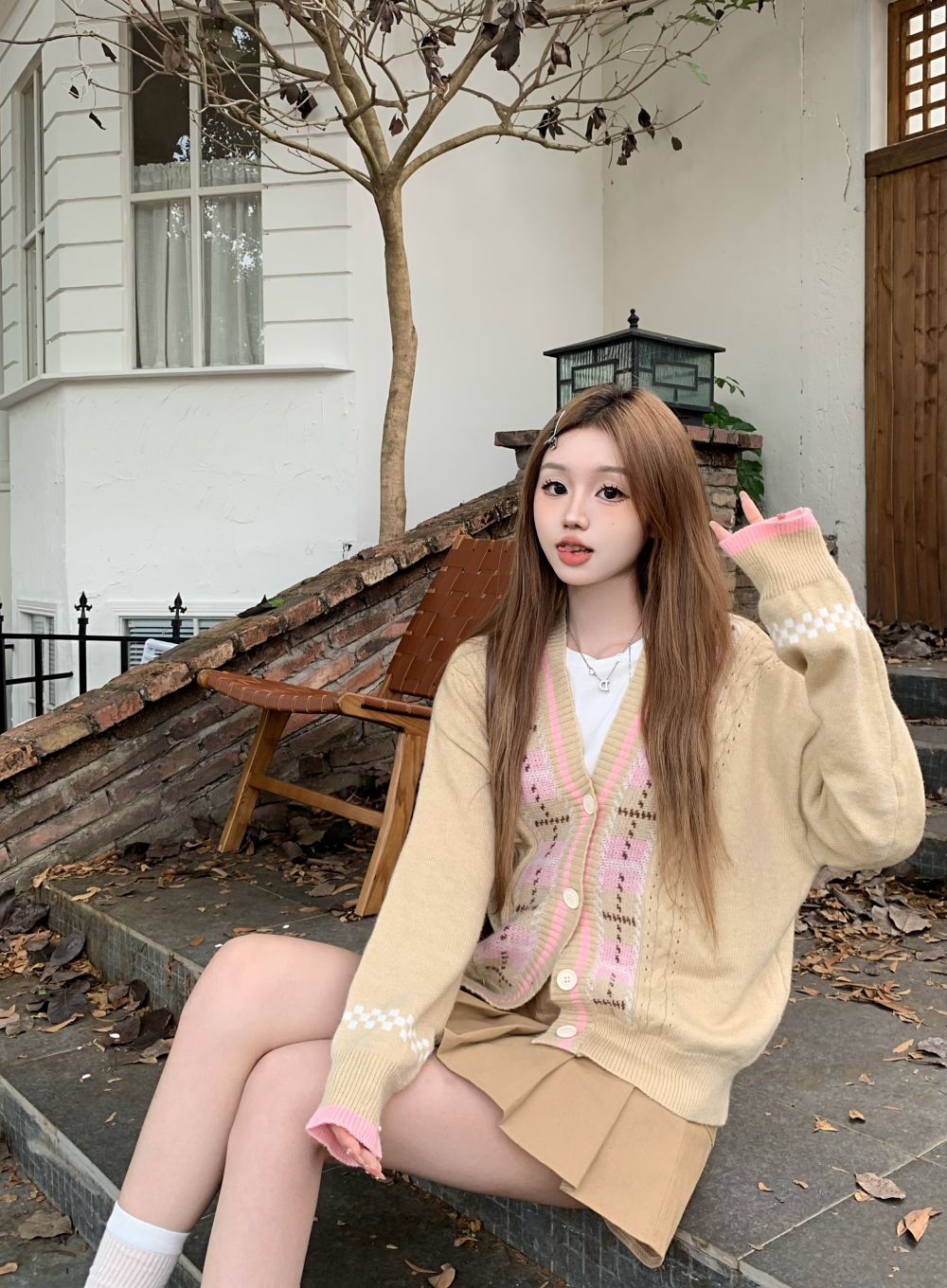 Actual shot of three standard loose contrasting color versatile sweater cardigan for women autumn and winter knitted jacket