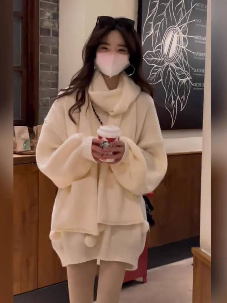 秋冬新款軟糯高級慵懶風針織衫女百搭套頭寬鬆中長款戰袍毛衣