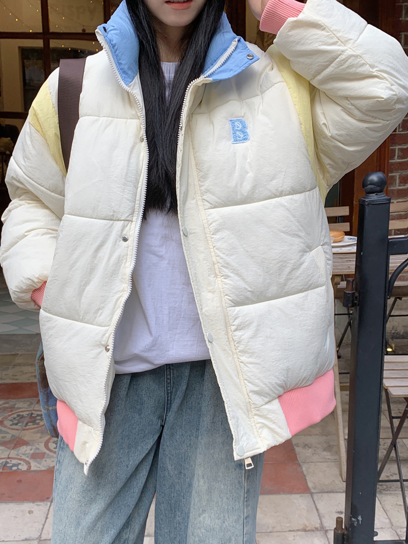 Korean contrasting color design thickened cotton jacket for women 2023 winter new style loose warm quilted jacket ins best friend