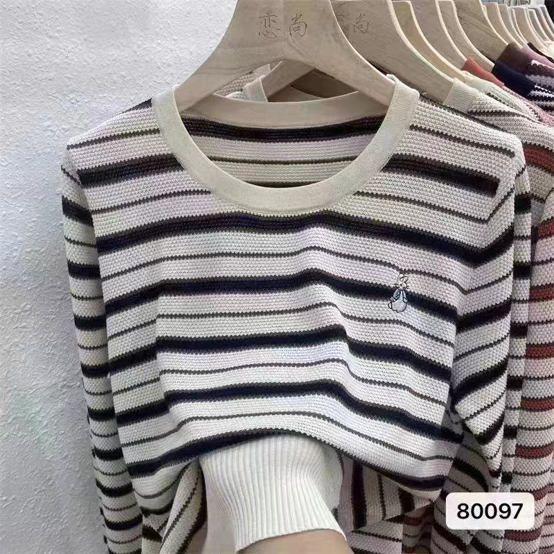 秋冬新款韓版圓領兔子刺繡撞色條紋顯瘦長袖上衣女