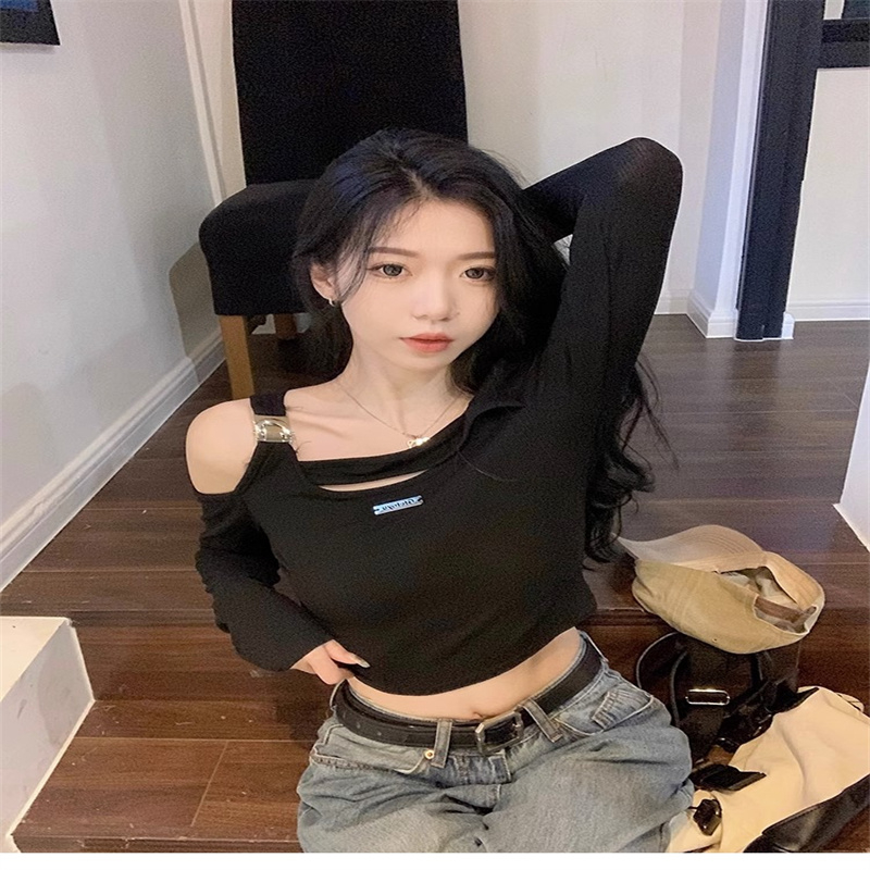 高彈羅紋 露肩打底T恤女秋季修身顯瘦短款露臍上衣