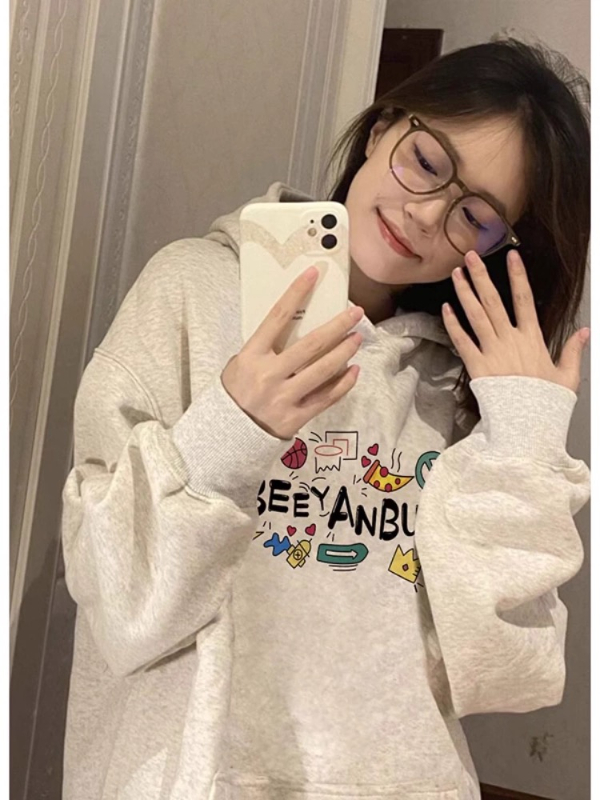 Heavyweight pure cotton silver fox velvet autumn and winter plus velvet thickened sweatshirt for women 2023 new hooded gray American loose