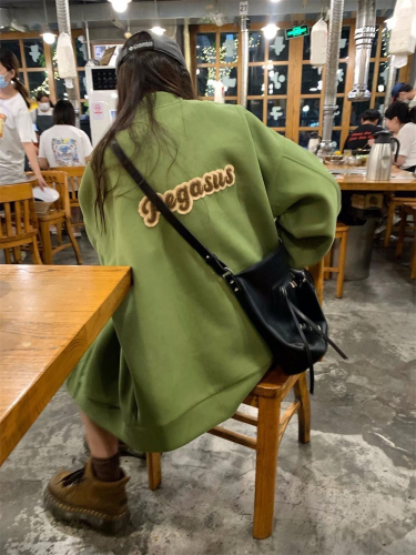 Official picture of green embroidered jacket for women in autumn and winter thickened zipper cardigan top loose and versatile baseball uniform