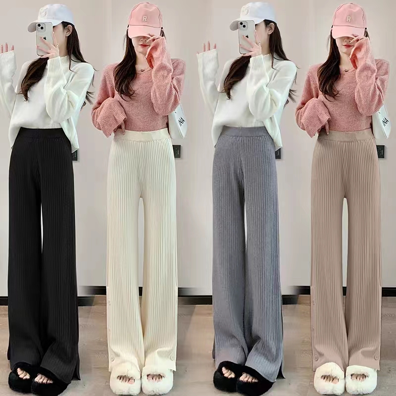 Autumn and winter new high-waisted slimming versatile crotch-covering straight slit tall trousers casual wide-leg trousers for women