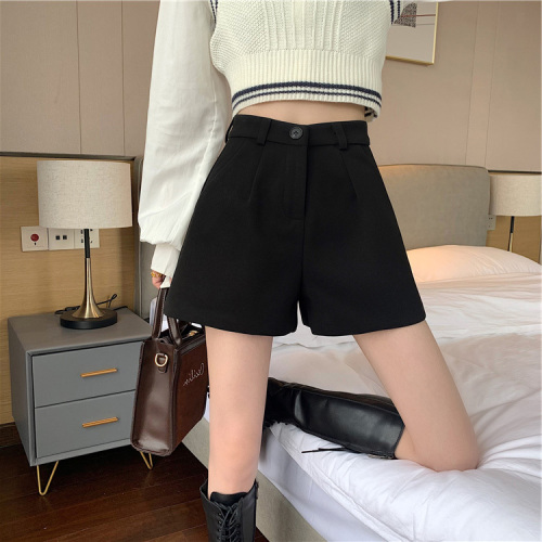 Brown woolen shorts for women in autumn and winter new outer boot pants slimming high waist wide leg casual a-line pants